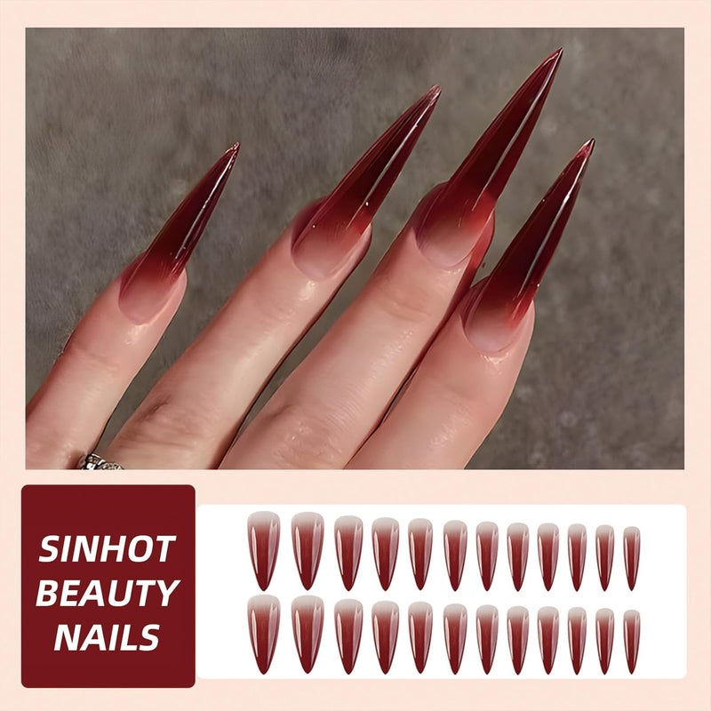 SINHOT Stiletto Press on Nails Extra Long Fake Nails Red Gradient Acrylic Nails Almond Glossy Glue on Nail Stick on False Nail with Design 24 pcs - Image 4